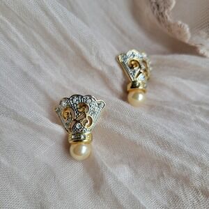 Vintage 1980s Earrings Gold Silver Badminton Birdie Shuttlecock Pearl Pierced‎
